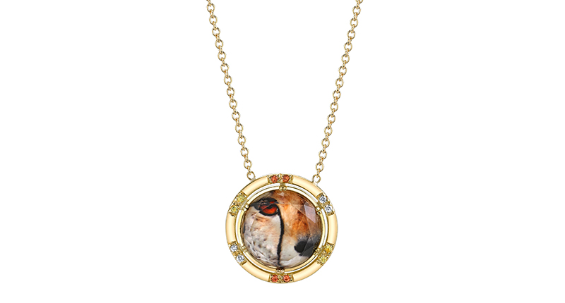 The round cheetah detail Spencer Portrait necklace has four diamonds, four yellow sapphires and four orange sapphires in 18-karat yellow gold ($3,600). The round cheetah detail Spencer Portrait necklace has four diamonds, four yellow sapphires and four orange sapphires in 18-karat yellow gold ($3,600).