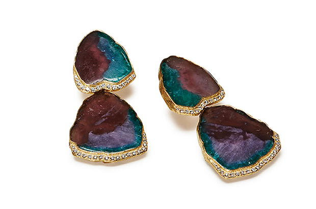 These 18-karat yellow gold earrings feature Paraiba tourmaline slices and diamonds ($34,000). The drops are removable.  These 18-karat yellow gold earrings feature Paraiba tourmaline slices and diamonds ($34,000). The drops are removable.
