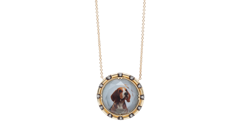 This Spencer Portrait necklace features a studio photo of a beagle in 18-karat yellow gold with 12 diamonds totaling 0.12 carats ($3,700). This Spencer Portrait necklace features a studio photo of a beagle in 18-karat yellow gold with 12 diamonds totaling 0.12 carats ($3,700).