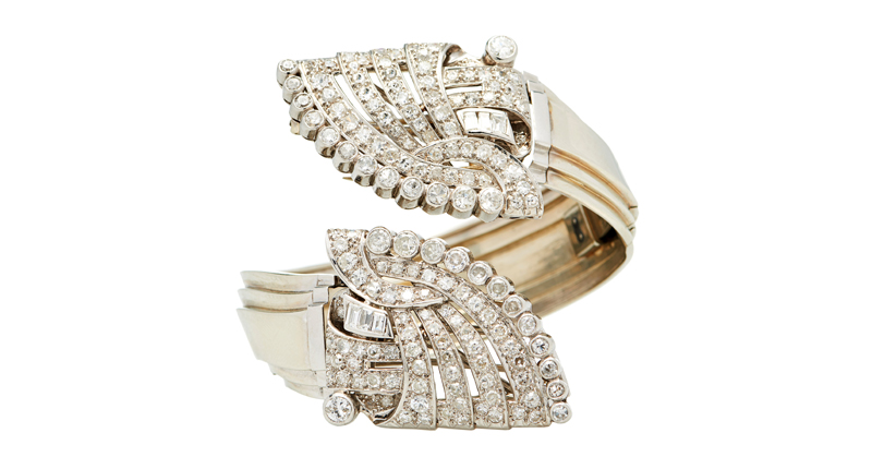 Mindi Mond Clips Cuff Bracelet converted from Art Deco dress clips in platinum with diamonds (price available upon request) Mindi Mond Clips Cuff Bracelet converted from Art Deco dress clips in platinum with diamonds (price available upon request)