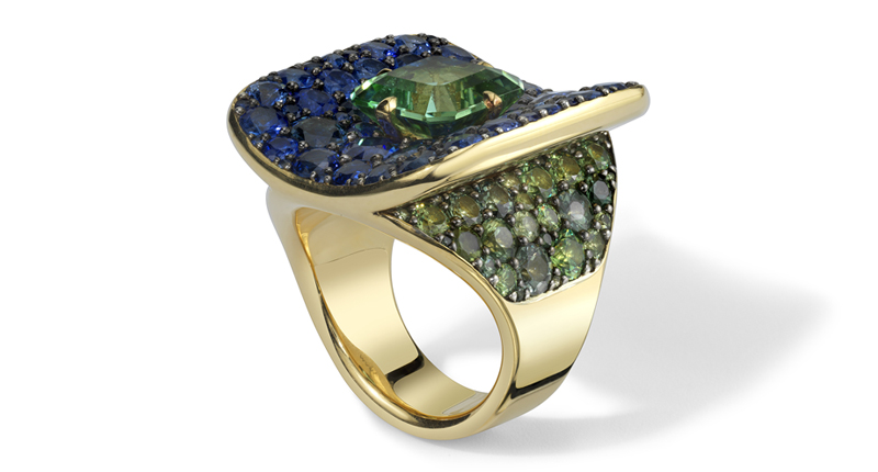 Vram 18-karat yellow gold ring with tourmaline and blue and green sapphires (price available upon request)