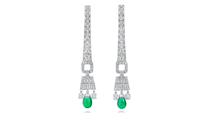 Mindi Mond Art Deco Chandelier Earrings in platinum with diamonds and emeralds (price available upon request) Mindi Mond Art Deco Chandelier Earrings in platinum with diamonds and emeralds (price available upon request)