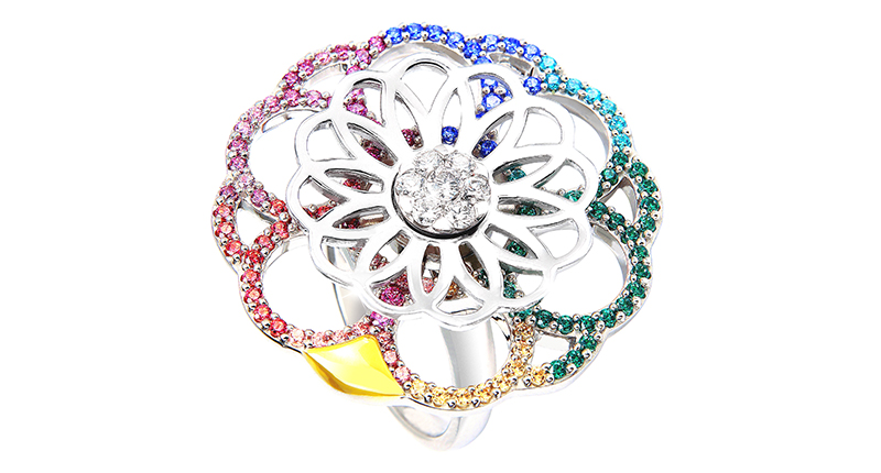 <a href="http://www.reenaahluwalia.com" target="_blank" rel="noopener noreferrer">Reena Ahluwalia</a> “Soul Carousel” spinning sterling silver ring from “Coronet By Reena Ahluwalia” with Swarovski created stones ($299)