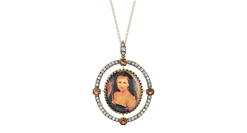 The customizable photo Spencer Portrait necklace has 35 diamonds weighing a total of 0.56 carats and four orange spinels totaling 0.32 carats ($7,200). The customizable photo Spencer Portrait necklace has 35 diamonds weighing a total of 0.56 carats and four orange spinels totaling 0.32 carats ($7,200).