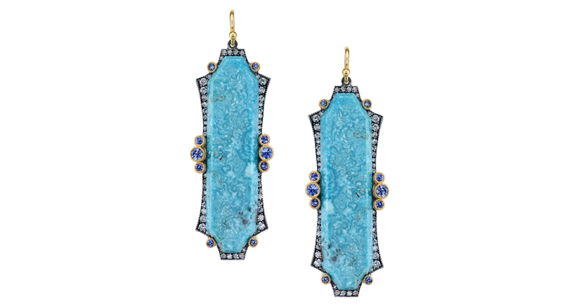 Arman Sarkisyan 22-karat gold and sterling silver turquoise earrings with sapphires and diamonds ($16,820) Arman Sarkisyan 22-karat gold and sterling silver turquoise earrings with sapphires and diamonds ($16,820)
