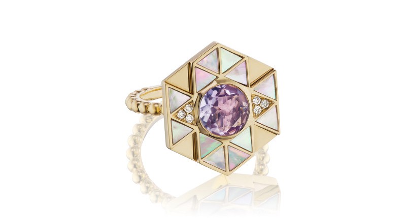 <p><a href="https://www.harwellgodfrey.com/jewelry/evil-eye-ring-2" target="_blank" rel="noopener">Harwell Godfrey</a> 18-karat yellow gold “Evil Eye” ring with amethyst and mother-of-pearl ($3,300)</p>
<p> </p>