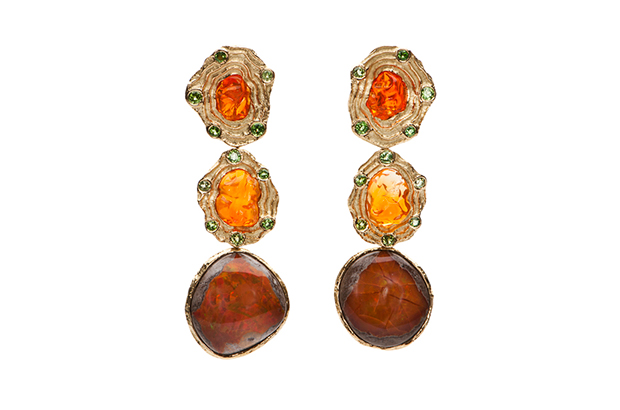 These 18-karat yellow gold drop earrings boast fire opals, Ethiopian opals and demantoid garnets ($32,000) These 18-karat yellow gold drop earrings boast fire opals, Ethiopian opals and demantoid garnets ($32,000)