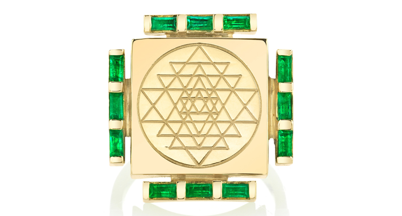 Ark Fine Jewelry Emerald Engraved Manifestation Ring in 18-karat yellow gold with emerald baguettes ($4,725)
