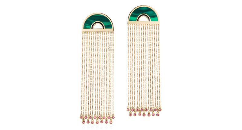 “Ready 2 Laugh” earrings from “Grab n Go” collection in 18-karat yellow gold with malachite, enamel and pink tourmalines