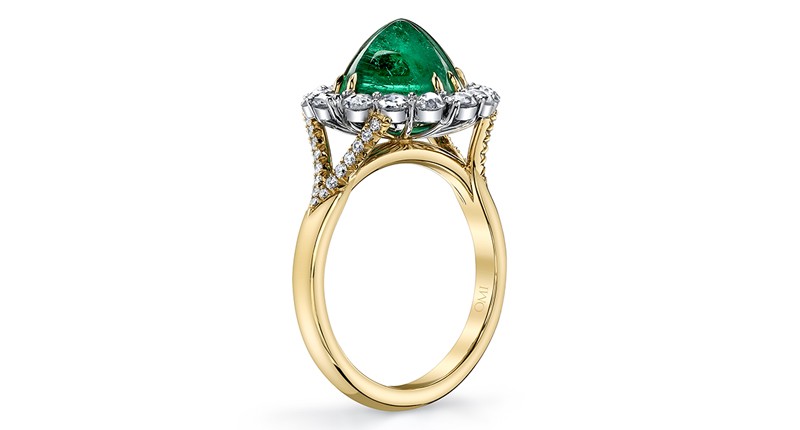 Omi Privé platinum and 18-karat yellow gold ring featuring a 4.58-carat sugarloaf emerald accented with rose-cut diamonds and round diamonds ($39,000) Omi Privé platinum and 18-karat yellow gold ring featuring a 4.58-carat sugarloaf emerald accented with rose-cut diamonds and round diamonds ($39,000)