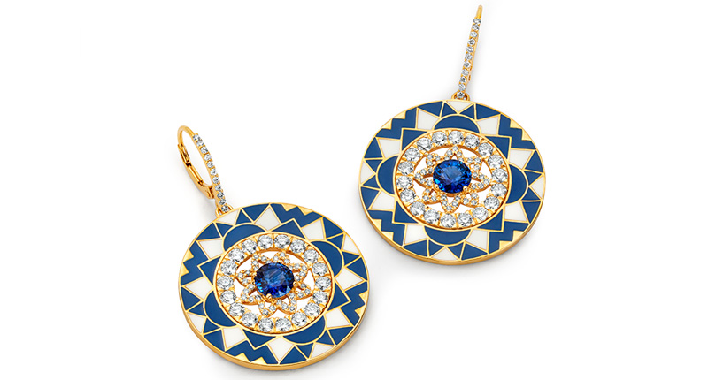 Buddha Mama 20-karat white and navy enamel round Mandala earrings set with diamond Mandala and blue sapphire center ($26,450) Buddha Mama 20-karat white and navy enamel round Mandala earrings set with diamond Mandala and blue sapphire center ($26,450)