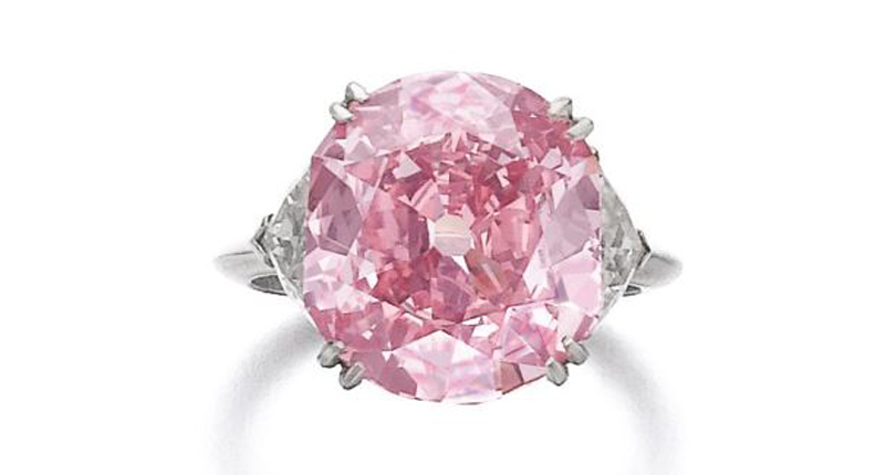 The No. 5 top lot at Sotheby’s was a Piaget ring featuring a modified rectangular brilliant-cut fancy intense purplish pink diamond weighing 7.04 carats that sold for $13.2 million.