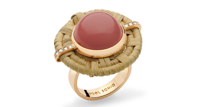 Yael Sonia for Casa do Rio Tupana ring in 18-karat rose gold with guava quartz, diamonds and sustainably harvested ambé vine straw (price available upon request) Yael Sonia for Casa do Rio Tupana ring in 18-karat rose gold with guava quartz, diamonds and sustainably harvested ambé vine straw (price available upon request)