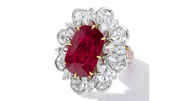 This ring featuring a cushion-shaped Burmese ruby weighing 24.70 carats, set within a surround of pear-shaped diamonds and in which the shank is pavé-set with brilliant-cut diamonds with a pink tint, could sell for between $10.5 million and $11.8 million. This ring featuring a cushion-shaped Burmese ruby weighing 24.70 carats, set within a surround of pear-shaped diamonds and in which the shank is pavé-set with brilliant-cut diamonds with a pink tint, could sell for between $10.5 million and $11.8 million.