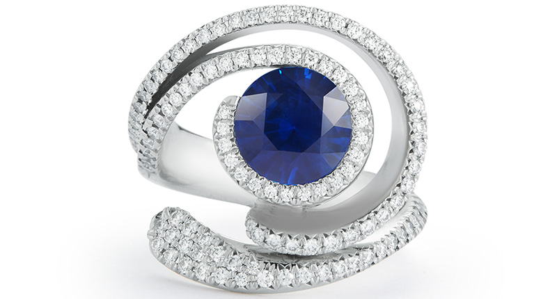 Diana Vincent Jewelry Designs round natural Ceylon blue sapphire set in platinum with diamonds ($29,000) Diana Vincent Jewelry Designs round natural Ceylon blue sapphire set in platinum with diamonds ($29,000)