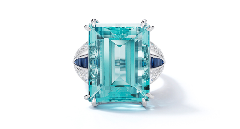 <a href="https://www.oscarheyman.com" target="_blank" rel="noopener">Oscar Heyman</a> aquamarine, sapphire and diamond ring set in platinum ($50,000)