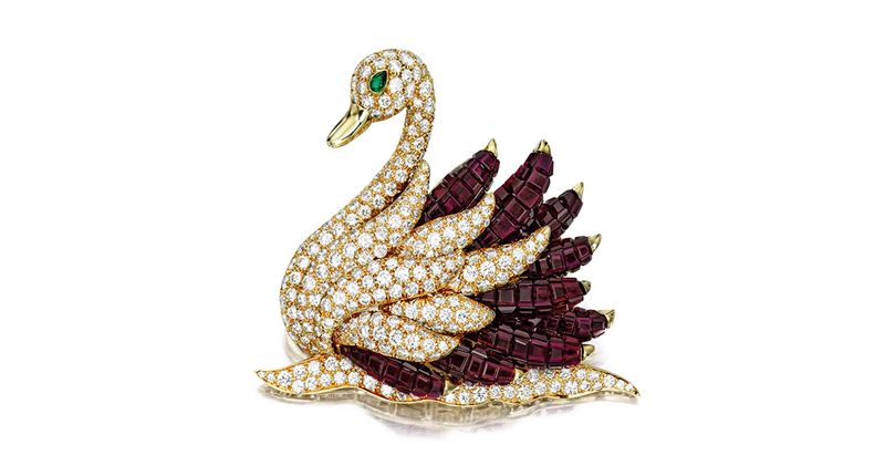This swan brooch from Van Cleef & Arpels features rubies, which were carefully selected for uniform hues and invisibly-set, diamonds and an emerald. It is expected to sell in the range of $282,000 and $358,000. This swan brooch from Van Cleef & Arpels features rubies, which were carefully selected for uniform hues and invisibly-set, diamonds and an emerald. It is expected to sell in the range of $282,000 and $358,000.