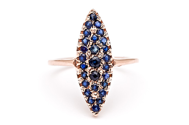 Arik Kastan’s 14-karat rose gold “Grand Navette” ring with sapphires ($1,840)