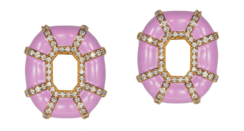 <p>NeverNoT “Sip a Cocktail” 18-karat yellow gold, diamond and pink enamel earrings from “Show n Tell” collection</p>