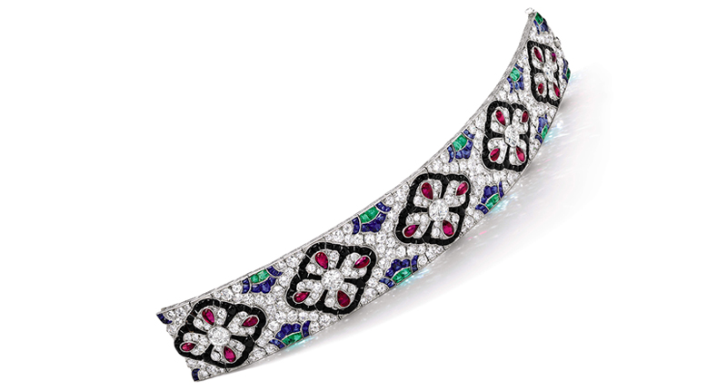 This Egyptian-revival Art Deco bracelet from Van Cleef & Arpels is decorated with five quatrefoil motifs alternating with lotus motifs and features diamonds, sapphires, rubies, emeralds and onyx. It could garner between $845,000 and $1.1 million. This Egyptian-revival Art Deco bracelet from Van Cleef & Arpels is decorated with five quatrefoil motifs alternating with lotus motifs and features diamonds, sapphires, rubies, emeralds and onyx. It could garner between $845,000 and $1.1 million.