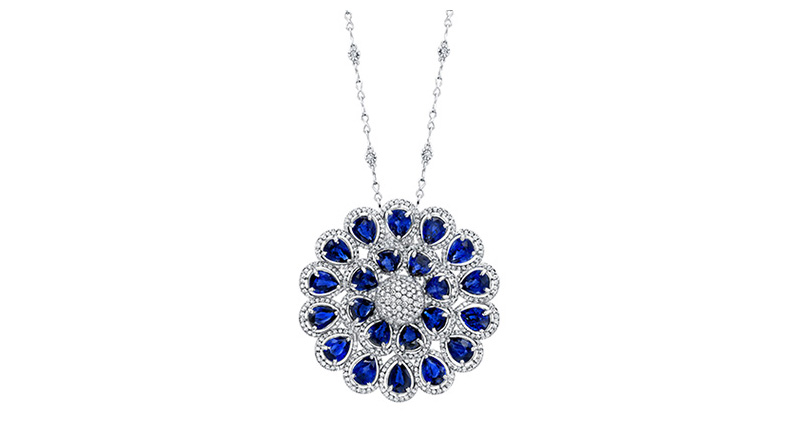 Norman Silverman Diamonds pendant featuring 29.72 total carats of pear-shaped sapphires with pave diamond accents suspended on a handmade diamond chain ($101,250) Norman Silverman Diamonds pendant featuring 29.72 total carats of pear-shaped sapphires with pave diamond accents suspended on a handmade diamond chain ($101,250)