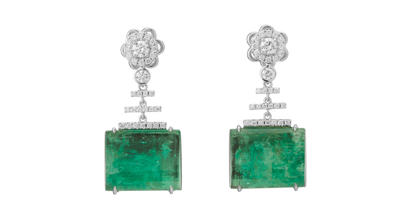 Muzo Atocha earrings comprised of 15.62 carats of Muzo emerald and 0.86 carats of diamonds in 18-karat white gold ($8,000) Muzo Atocha earrings comprised of 15.62 carats of Muzo emerald and 0.86 carats of diamonds in 18-karat white gold ($8,000)