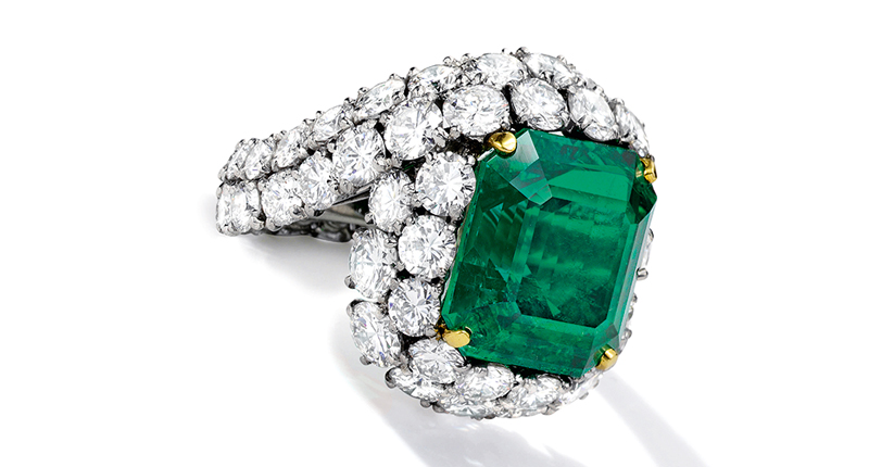 A signed Monture Cartier ring featuring a 14.72-carat step-cut Colombian emerald and brilliant-cut diamonds mounted in platinum could sell for as much as $1.4 million. A signed Monture Cartier ring featuring a 14.72-carat step-cut Colombian emerald and brilliant-cut diamonds mounted in platinum could sell for as much as $1.4 million.