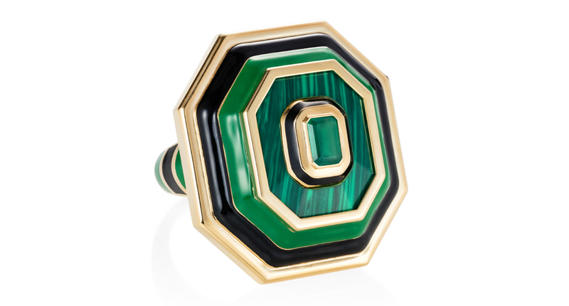 “Ready 2 Rise” ring from the “Grab n Go” collection in 18-karat yellow gold with black and green enamel, malachite and tourmaline