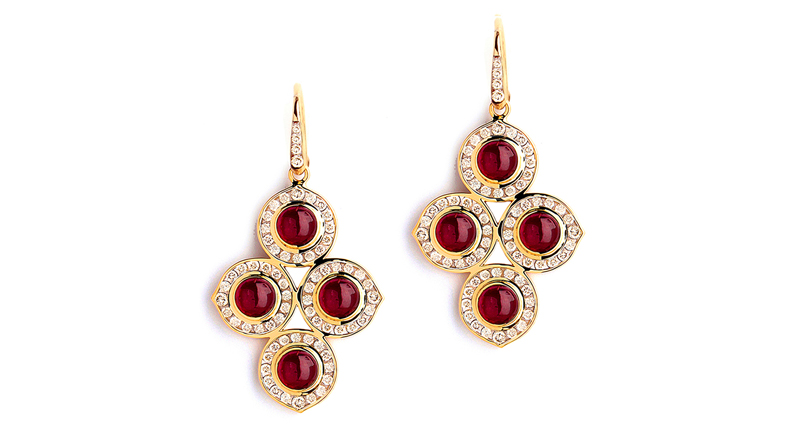 Syna’s 18-karat yellow gold Kamala earrings set with rubies and diamonds ($6,600) Syna’s 18-karat yellow gold Kamala earrings set with rubies and diamonds ($6,600)