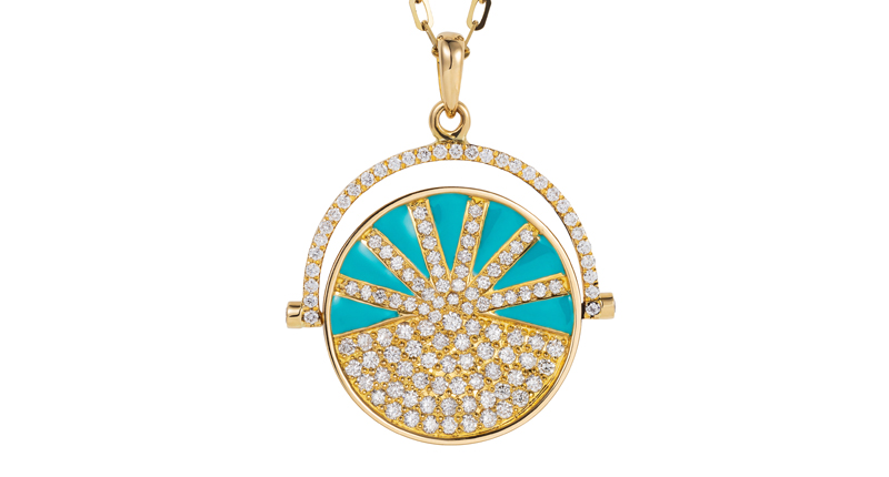 “Show n Tell” pendant in 18-karat yellow gold with white diamonds and turquoise enamel. On the reverse it reads: Never Not Loved.