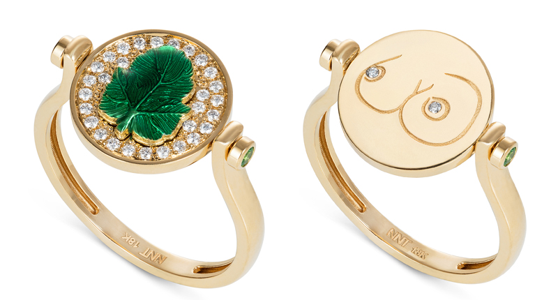 <p>“Ready 2 Tease” ring from the “Hide n Seek” collection in 18-karat yellow gold with diamonds and enamel. The spinning ring shows a fig leaf on one side and the anatomy it’s covering on the other, a tongue-in-cheek nod to censorship and liberation, the brand said.</p>