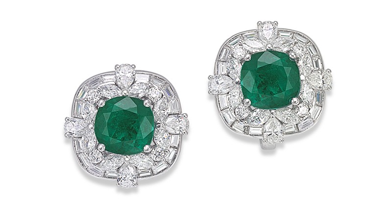 Picchiotti platinum earrings with cushion-cut Colombian emeralds accented with marquise, baguette and round diamonds ($207,500)