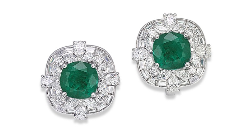 Picchiotti platinum earrings with cushion-cut Colombian emeralds accented with marquise, baguette and round diamonds ($207,500) Picchiotti platinum earrings with cushion-cut Colombian emeralds accented with marquise, baguette and round diamonds ($207,500)