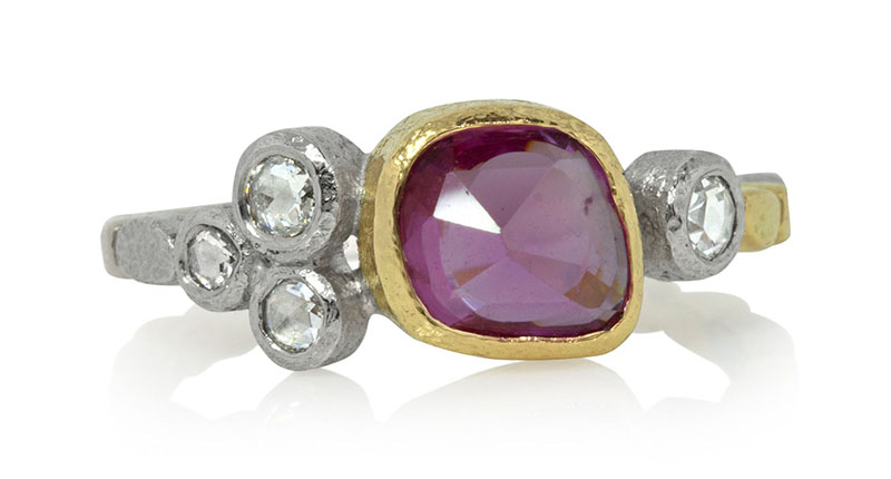 The “Skinny Pebbles” ring in 18-karat gold and palladium with a free-form rose-cut pink sapphire and rose-cut diamonds by Rona Fisher ($2,450). JCK Las Vegas, Design Center, DC500. <a href="http://ronafisher.com/pink-sapphire-rose-cut-diamonds-two-toned-metal-ring.html" target="_blank">RonaFisher.com</a>
