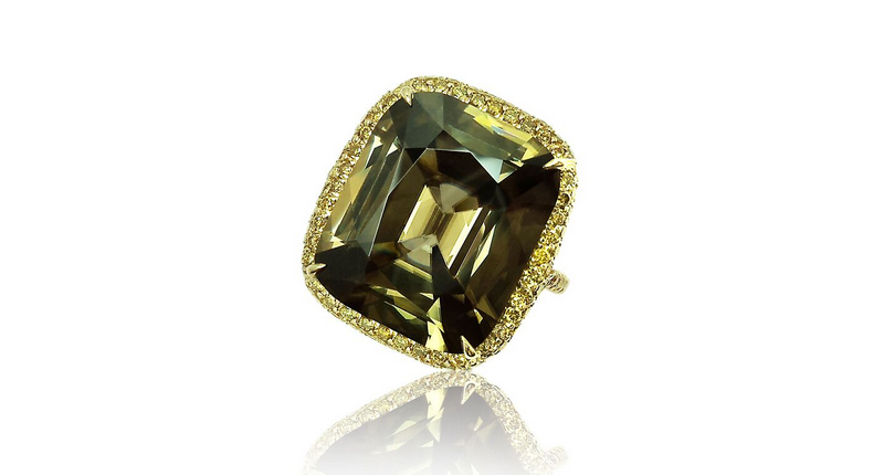 Paolo Costalgi 21.35-carat cushion-shaped zircon with 0.82 carats of yellow diamonds and 18-karat yellow gold ($19,000)