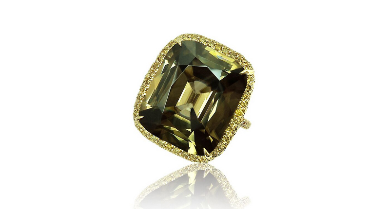 Paolo Costalgi 21.35-carat cushion-shaped zircon with 0.82 carats of yellow diamonds and 18-karat yellow gold ($19,000) Paolo Costalgi 21.35-carat cushion-shaped zircon with 0.82 carats of yellow diamonds and 18-karat yellow gold ($19,000)