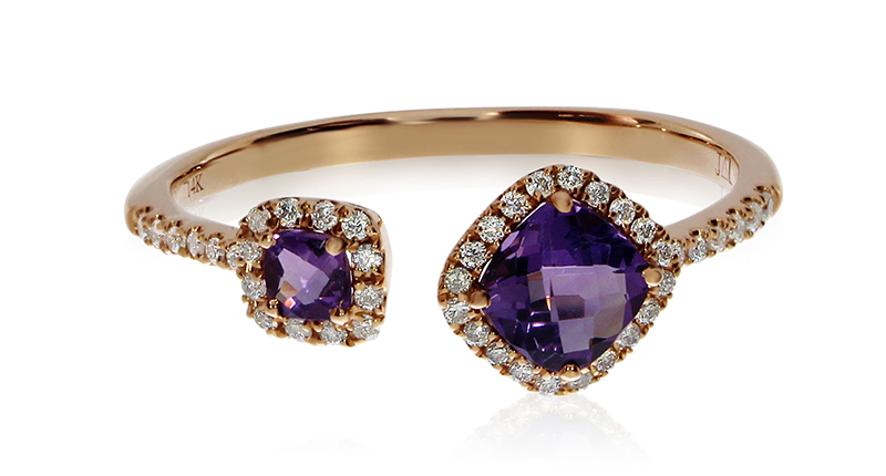 Color Merchants’ ring with a 6 mm and a 4 mm cushion-cut amethyst set in a halo of brilliant diamonds ($1,199). JCK Las Vegas B32164. <a href="http://www.colormerchants.com" target="_blank">ColorMerchants.com</a>