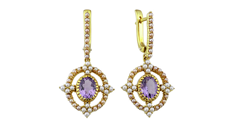 These are Drukker Designs’ “Parthian Empire” earrings in 14-karat gold with amethyst and pearls ($755). JIS Exchange Booth # 1403. <a href="http://www.drukker.com" target="_blank">Drukker.com</a>