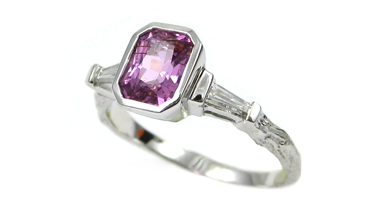 The 18-karat white gold “Small Twig” ring from K. Brunini Jewels, with a 1.17-carat pink sapphire and baguette diamonds ($4,000). Couture Salon 1008. <a href="http://kbrunini.com/bridal/" target="_blank">KBrunini.com</a>