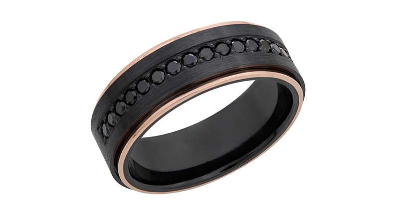 A black zirconium ring with rose gold and black diamonds from Lashbrook Designs ($1,300). JCK Las Vegas, Booth #B60071. <a href="http://www.lashbrookdesigns.com" target="_blank">LashbrookDesigns.com</a>