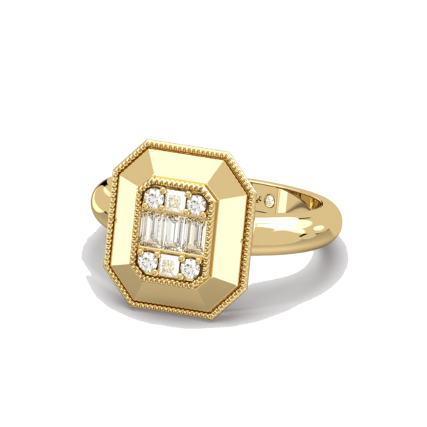 <a href="https://clartenewyork.com/collections/gatsby " target="_blank">Gatsby Emerald Cut Ring</a>: Our 14-Karat yellow gold with a hand milgrain border and Emerald cut illusion diamond center ($1,119)