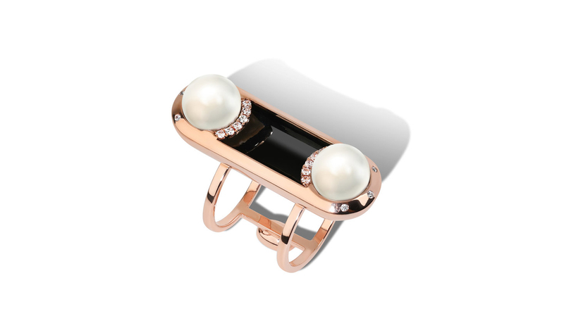 <a href="https://thisisstateproperty.com/" target="_blank">State Property </a> “Epilogue Ring” in 18-karat gold with South Sea pearls and white diamonds ($5,980)