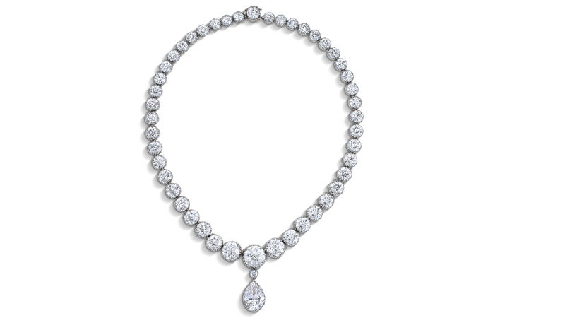 A diamond riviere necklace from the collection of Lord and Lady Weinstock sold for nearly $900,000. It features a 10.33-carat pear brilliant-cut diamond, old-cut diamonds weighing 7.02 and 4.80 carats, and 4.18 carats of circular brilliant-cut diamonds.