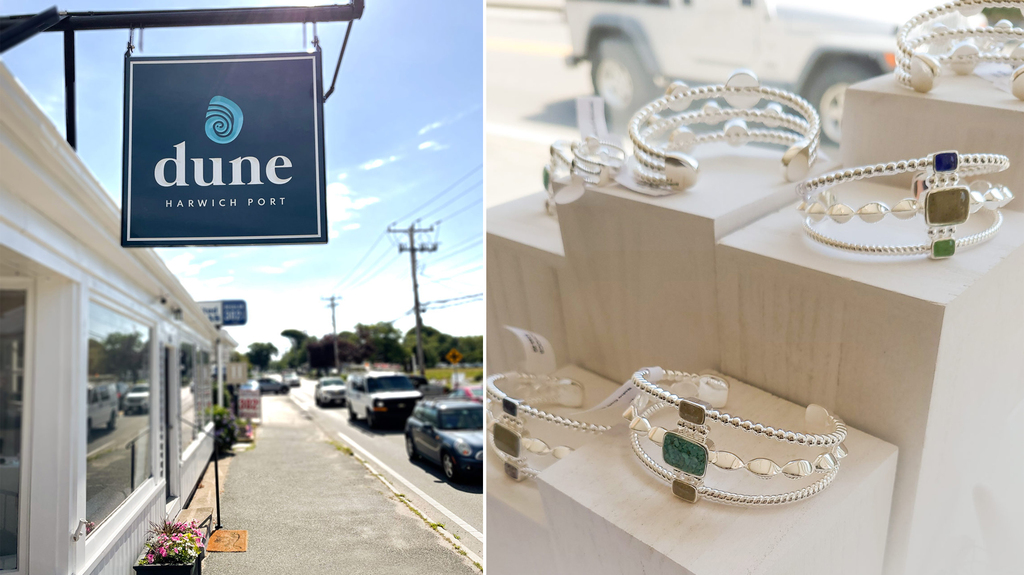 At left, the exterior of the new Dune Harwich Port store. At right, a selection of the brand’s jewelry pieces. (Photo credit: Dune Jewelry)