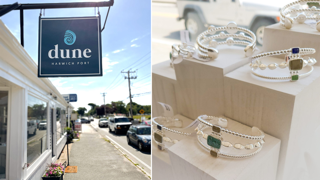 At left, the exterior of the new Dune Harwich Port store. At right, a selection of the brand’s jewelry pieces. (Photo credit: Dune Jewelry) At left, the exterior of the new Dune Harwich Port store. At right, a selection of the brand’s jewelry pieces. (Photo credit: Dune Jewelry)