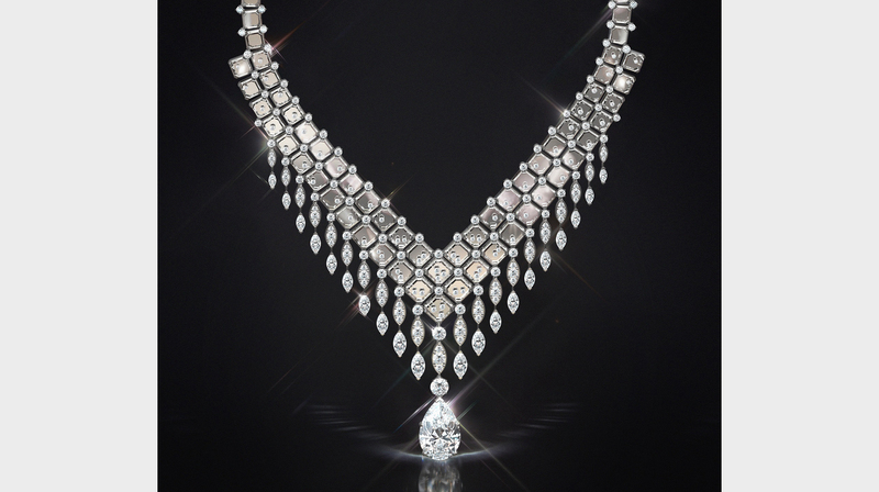 The “Frozen Capture” necklace features a total 46.66 carats of diamonds, including a 20.1-carat pear-shaped diamond drop.