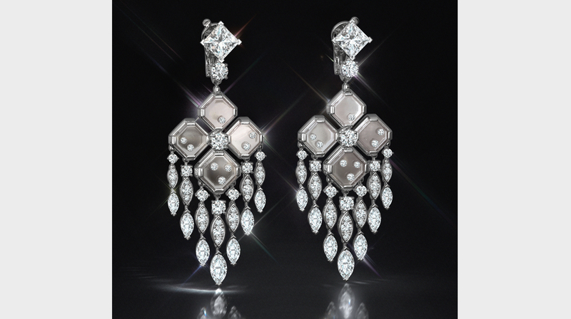 Chandelier earrings boast 10.4 carats of diamonds.