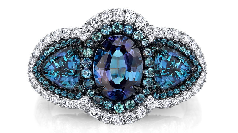 <a href=" http://omiprive.com/" target="_blank">Omi Privé </a> platinum ring accented with black rhodium and featuring an oval alexandrite accented by trillion and round alexandrites, and diamonds ($76,000)