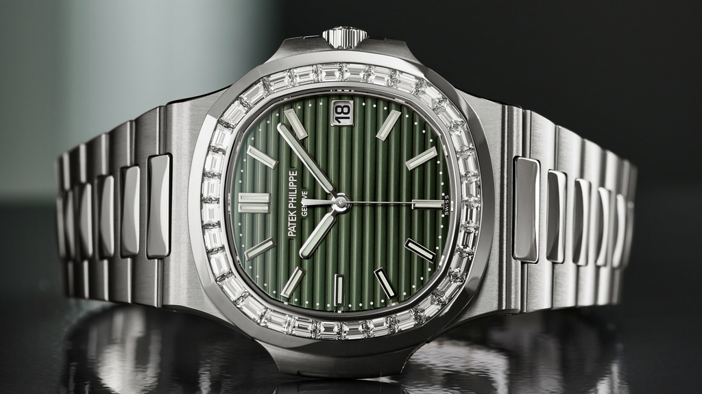 The Ref. 5711/1300A-001 is crafted in stainless steel with new olive green dial and 32 diamonds on the bezel. It costs $94,624.