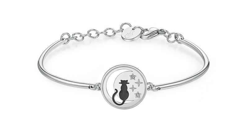 <a href="https://usa.brosway.com/shop/bracelet-chakra-animals-bhk253" target="_blank">Brosway Italia </a> stainless steel bracelet with an engraved disc with black enamel and Swarovski crystals ($45)